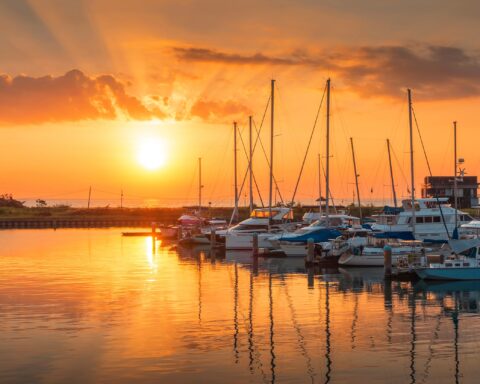 Boats and marina with beautiful sunset